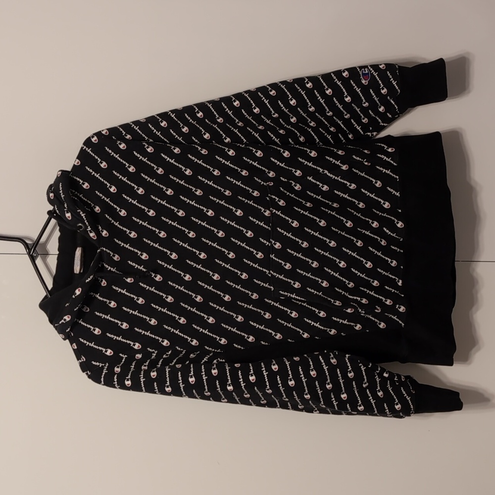 Champion Black Reverse Weave All Over Logo Hooded Sweatshirt Size Medium